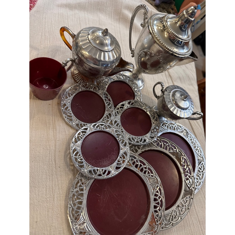 Vintage Silver Tone‎ Tea Coffee Set Burgundy Red Plates Plastic Kids play set